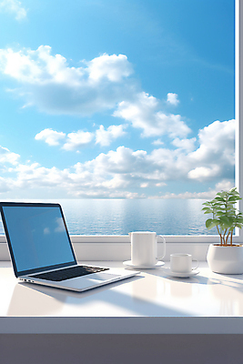 JPG 구름 편집이미지 화분 바다 하늘 휴가 휴식 사람없음 컵 노트북 업무 창가 디지털노마드 워라밸 워케이션 편집실사 AI포토 AI콘텐츠 자연요소 식기 컨셉 비즈니스 창문 정보기술 전자제품 작업 CG 신조어 파일형식