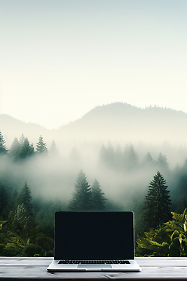 JPG 편집이미지 탁자 휴가 휴식 산 사람없음 노트북 안개 업무 숲 디지털노마드 워라밸 워케이션 편집실사 AI포토 AI콘텐츠 가구 컨셉 비즈니스 날씨 정보기술 전자제품 작업 CG 신조어 파일형식