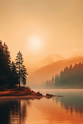 JPG 나무 편집이미지 호수 자연 산 풍경 사람없음 물 반사 노을 숲 디지털합성 편집실사 AI포토 AI콘텐츠 자연요소 식물 CG 생태계 파일형식