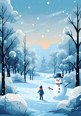 JPG 전신 나무 어린이 백그라운드 겨울 일러스트 자연 눈사람 하늘 한명 사람 풍경 눈 숲 눈내림 어린이만 국내일러스트 AI일러스트 AI콘텐츠 자연요소 식물 1 계절 날씨 눈_날씨 생태계 파일형식
