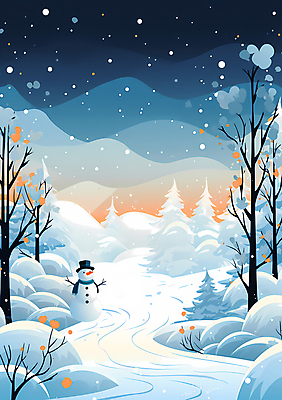 JPG 나무 백그라운드 겨울 일러스트 자연 눈사람 하늘 풍경 사람없음 눈 숲 눈내림 국내일러스트 AI일러스트 AI콘텐츠 자연요소 식물 계절 날씨 눈_날씨 생태계 파일형식