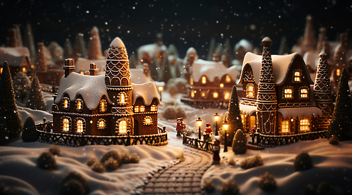 JPG 편집이미지 겨울 가로등 주택 풍경 사람없음 빛 마을 미니어처 눈내림 진저쿠키 편집실사 AI포토 AI콘텐츠 계절 공공시설 눈_날씨 건물 모형 쿠키 CG 파일형식