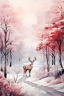 JPG 나무 분홍색 백그라운드 겨울 일러스트 자연 사슴 풍경 사람없음 눈 숲 눈덮임 국내일러스트 AI일러스트 AI콘텐츠 자연요소 식물 계절 컬러 컨셉 포유류 날씨 생태계 파일형식