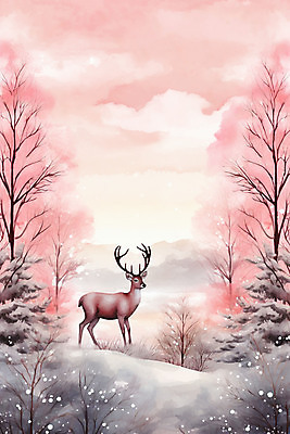 JPG 나무 분홍색 백그라운드 겨울 일러스트 자연 하늘 사슴 풍경 사람없음 눈 숲 눈덮임 국내일러스트 AI일러스트 AI콘텐츠 자연요소 식물 계절 컬러 컨셉 포유류 날씨 생태계 파일형식