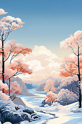 JPG 나무 분홍색 하늘색 백그라운드 겨울 일러스트 자연 하늘 풍경 사람없음 설원 숲 국내일러스트 AI일러스트 AI콘텐츠 식물 계절 컬러 눈_날씨 파란색 생태계 파일형식