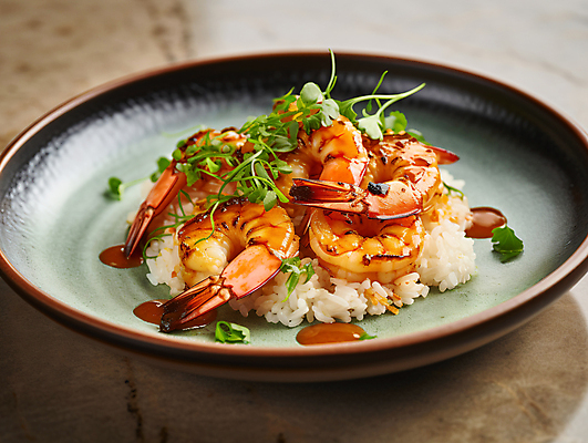 JPG 편집이미지 접시 요리 사람없음 식사 소스 디지털합성 새우요리 새우볶음밥 편집실사 AI포토 AI콘텐츠 식기 음식 새우 양념 CG 볶음밥 파일형식