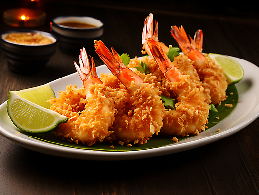 JPG 편집이미지 접시 요리 사람없음 식사 레몬 디지털합성 새우튀김 새우요리 편집실사 AI포토 AI콘텐츠 식기 음식 과일 새우 튀김 CG 파일형식