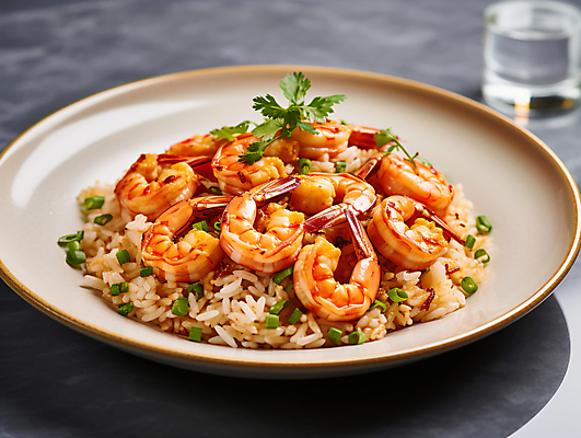 JPG 편집이미지 접시 요리 사람없음 식사 디지털합성 새우요리 새우볶음밥 편집실사 AI포토 AI콘텐츠 식기 음식 새우 CG 볶음밥 파일형식