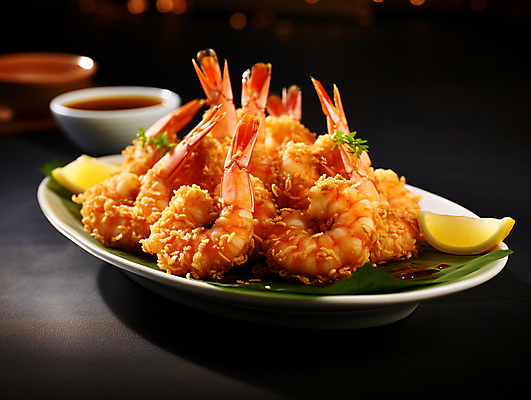 JPG 편집이미지 접시 요리 사람없음 식사 레몬 디지털합성 새우튀김 새우요리 편집실사 AI포토 AI콘텐츠 식기 음식 과일 새우 튀김 CG 파일형식