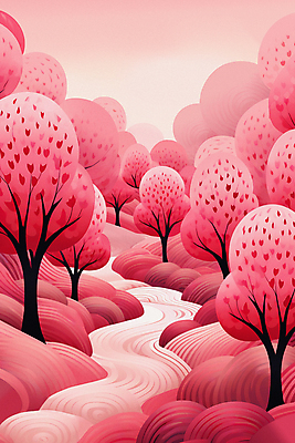 JPG 나무 길 분홍색 백그라운드 일러스트 자연 하늘 풍경 사람없음 숲 국내일러스트 AI일러스트 AI콘텐츠 식물 컬러 생태계 파일형식