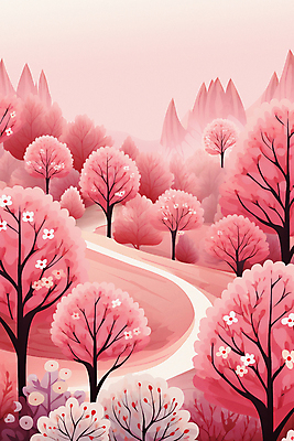 JPG 나무 길 분홍색 백그라운드 일러스트 자연 하늘 산 풍경 사람없음 숲 국내일러스트 AI일러스트 AI콘텐츠 식물 컬러 생태계 파일형식