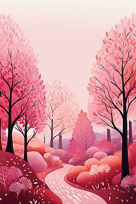 JPG 나무 길 분홍색 백그라운드 일러스트 자연 하늘 풍경 사람없음 숲 국내일러스트 AI일러스트 AI콘텐츠 식물 컬러 생태계 파일형식