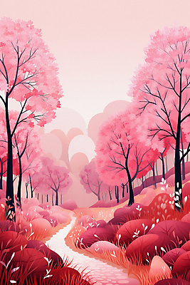 JPG 나무 길 분홍색 백그라운드 일러스트 자연 하늘 풍경 사람없음 숲 국내일러스트 AI일러스트 AI콘텐츠 식물 컬러 생태계 파일형식