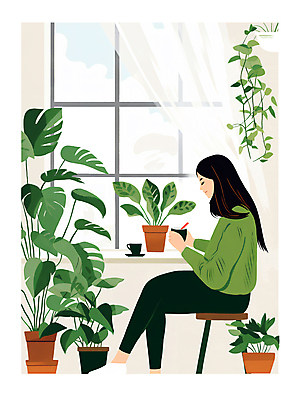 전신 PSD 라이프스타일 여자 화분 커피 잎 의자 일러스트 창문 휴식 한명 들기 앉기 성인 초록색 마시기 커튼 풀 원예 감성 몬스테라 성인여자한명만 플랜테리어 홈가드닝 반려식물 국내일러스트 식물 1 음료 컬러 가구 컨셉 모션 사람 취미 생활 인테리어 여자한명만 성인여자만 파일형식