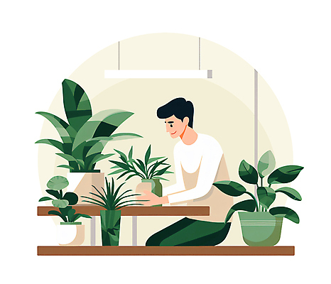 PSD 라이프스타일 남자 화분 잎 일러스트 휴식 한명 앉기 상반신 성인 초록색 잡기 풀 원예 감성 형광등 돌봄 성인남자한명만 플랜테리어 홈가드닝 반려식물 국내일러스트 식물 1 컬러 컨셉 모션 전등 사람 취미 생활 인테리어 남자한명만 성인남자만 파일형식