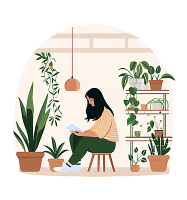 전신 PSD 라이프스타일 여자 화분 잎 의자 일러스트 휴식 선반 한명 들기 앉기 성인 책 초록색 독서 풀 원예 감성 성인여자한명만 플랜테리어 홈가드닝 반려식물 국내일러스트 식물 1 컬러 가구 컨셉 모션 사람 취미 생활 인테리어 여자한명만 성인여자만 파일형식
