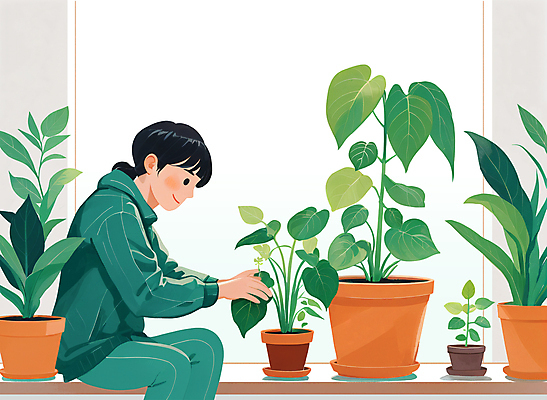 PSD 라이프스타일 여자 화분 잎 일러스트 창문 휴식 한명 앉기 상반신 성인 초록색 잡기 풀 원예 감성 닦기 돌봄 성인여자한명만 플랜테리어 홈가드닝 반려식물 국내일러스트 식물 1 컬러 컨셉 모션 사람 취미 생활 인테리어 여자한명만 성인여자만 파일형식