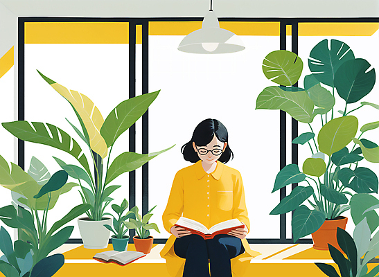 PSD 라이프스타일 여자 화분 잎 일러스트 휴식 전등 한명 상반신 성인 책 초록색 독서 노란색 풀 원예 감성 몬스테라 성인여자한명만 안경낌 플랜테리어 반려식물 국내일러스트 식물 1 안경 컬러 컨셉 조명 사람 취미 생활 인테리어 여자한명만 성인여자만 파일형식