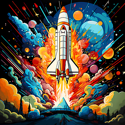 JPG 일러스트 사람없음 컬러풀 우주 로켓 발사 폭발 우주선 이륙 로켓발사 국내일러스트 AI일러스트 AI콘텐츠 컬러 파일형식