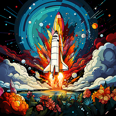JPG 꽃 일러스트 사람없음 컬러풀 우주 로켓 발사 폭발 우주선 이륙 로켓발사 국내일러스트 AI일러스트 AI콘텐츠 식물 컬러 파일형식