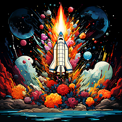 JPG 꽃 일러스트 사람없음 컬러풀 우주 로켓 발사 폭발 우주선 이륙 로켓발사 국내일러스트 AI일러스트 AI콘텐츠 식물 컬러 파일형식