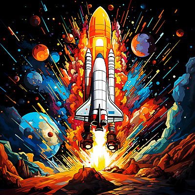 JPG 일러스트 사람없음 컬러풀 우주 행성 로켓 발사 폭발 우주선 이륙 로켓발사 국내일러스트 AI일러스트 AI콘텐츠 컬러 파일형식