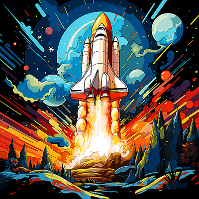 JPG 일러스트 사람없음 컬러풀 우주 로켓 발사 폭발 우주선 이륙 로켓발사 국내일러스트 AI일러스트 AI콘텐츠 컬러 파일형식