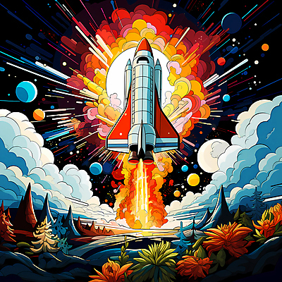 JPG 꽃 일러스트 사람없음 컬러풀 우주 로켓 발사 폭발 우주선 이륙 로켓발사 국내일러스트 AI일러스트 AI콘텐츠 식물 컬러 파일형식