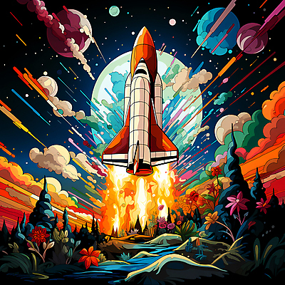JPG 꽃 일러스트 사람없음 컬러풀 우주 로켓 발사 폭발 우주선 이륙 로켓발사 국내일러스트 AI일러스트 AI콘텐츠 식물 컬러 파일형식