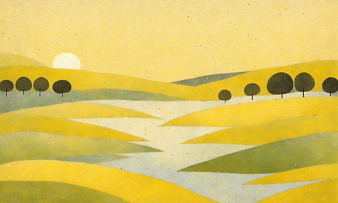 JPG 나무 백그라운드 일러스트 자연 하늘 산 초원 사람없음 태양 노란색 일출 국내일러스트 AI일러스트 AI콘텐츠 자연요소 식물 컬러 노을 생태계 파일형식