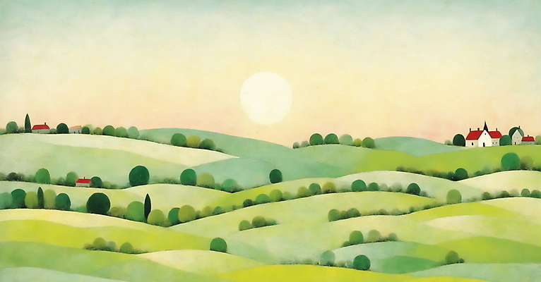 JPG 나무 백그라운드 일러스트 자연 하늘 산 주택 초원 사람없음 태양 마을 일출 국내일러스트 AI일러스트 AI콘텐츠 자연요소 식물 건물 노을 생태계 파일형식