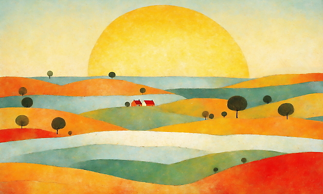 JPG 나무 백그라운드 일러스트 자연 하늘 주택 초원 사람없음 태양 마을 일출 주황색 국내일러스트 AI일러스트 AI콘텐츠 자연요소 식물 컬러 건물 노을 생태계 파일형식