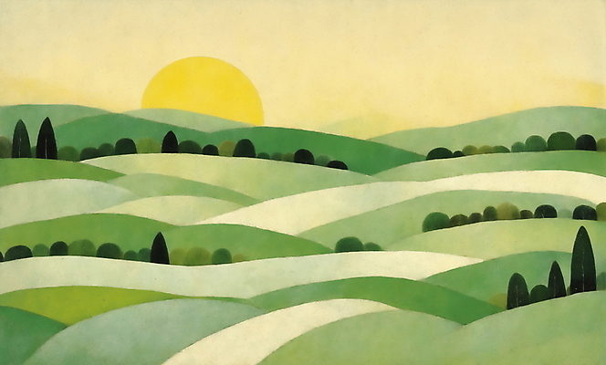 JPG 나무 백그라운드 일러스트 자연 하늘 산 초원 사람없음 초록색 일출 국내일러스트 AI일러스트 AI콘텐츠 식물 컬러 노을 생태계 파일형식