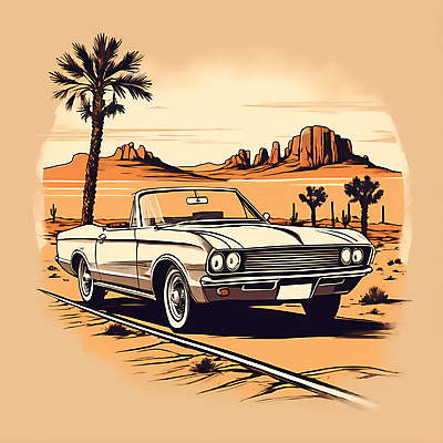 JPG 도로 교통수단 일러스트 자동차 산 사람없음 야자수 사막 빈티지 디지털합성 오픈카 빈티지배경 서부 국내일러스트 AI일러스트 AI콘텐츠 나무 길 육상교통 백그라운드 교통 컨셉 교통시설 승용차 파일형식