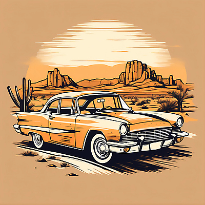 JPG 도로 교통수단 일러스트 자동차 산 선인장 사람없음 주황색 사막 빈티지 디지털합성 빈티지배경 서부 국내일러스트 AI일러스트 AI콘텐츠 식물 길 육상교통 컬러 백그라운드 교통 컨셉 교통시설 파일형식
