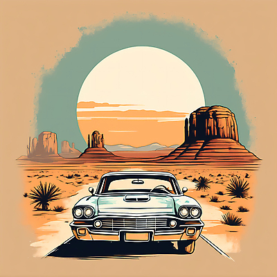 JPG 도로 교통수단 일러스트 자동차 산 사람없음 태양 사막 빈티지 디지털합성 빈티지배경 서부 국내일러스트 AI일러스트 AI콘텐츠 자연요소 길 육상교통 백그라운드 교통 컨셉 교통시설 파일형식