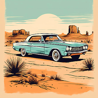 JPG 도로 교통수단 일러스트 자동차 산 사람없음 태양 사막 빈티지 디지털합성 빈티지배경 서부 국내일러스트 AI일러스트 AI콘텐츠 자연요소 길 육상교통 백그라운드 교통 컨셉 교통시설 파일형식