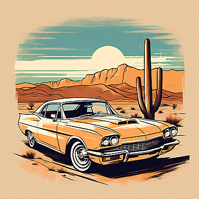JPG 도로 교통수단 일러스트 자동차 산 선인장 사람없음 태양 사막 빈티지 디지털합성 빈티지배경 서부 국내일러스트 AI일러스트 AI콘텐츠 자연요소 식물 길 육상교통 백그라운드 교통 컨셉 교통시설 파일형식