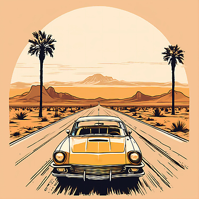 JPG 도로 교통수단 일러스트 자동차 산 사람없음 야자수 사막 빈티지 디지털합성 빈티지배경 서부 국내일러스트 AI일러스트 AI콘텐츠 나무 길 육상교통 백그라운드 교통 컨셉 교통시설 파일형식