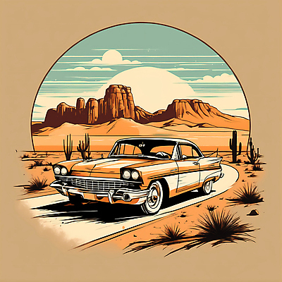 JPG 도로 교통수단 일러스트 자동차 산 사람없음 태양 사막 빈티지 디지털합성 빈티지배경 서부 국내일러스트 AI일러스트 AI콘텐츠 자연요소 길 육상교통 백그라운드 교통 컨셉 교통시설 파일형식