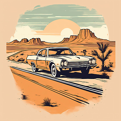 JPG 도로 교통수단 일러스트 자동차 산 사람없음 태양 사막 빈티지 디지털합성 빈티지배경 서부 국내일러스트 AI일러스트 AI콘텐츠 자연요소 길 육상교통 백그라운드 교통 컨셉 교통시설 파일형식