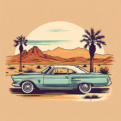JPG 도로 교통수단 일러스트 자동차 산 사람없음 야자수 사막 빈티지 디지털합성 빈티지배경 서부 국내일러스트 AI일러스트 AI콘텐츠 나무 길 육상교통 백그라운드 교통 컨셉 교통시설 파일형식