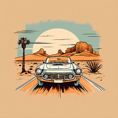 JPG 도로 교통수단 일러스트 자동차 산 사람없음 야자수 태양 사막 빈티지 디지털합성 빈티지배경 서부 국내일러스트 AI일러스트 AI콘텐츠 자연요소 나무 길 육상교통 백그라운드 교통 컨셉 교통시설 파일형식