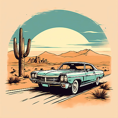 JPG 도로 교통수단 일러스트 자동차 산 선인장 사람없음 태양 사막 빈티지 디지털합성 빈티지배경 서부 국내일러스트 AI일러스트 AI콘텐츠 자연요소 식물 길 육상교통 백그라운드 교통 컨셉 교통시설 파일형식