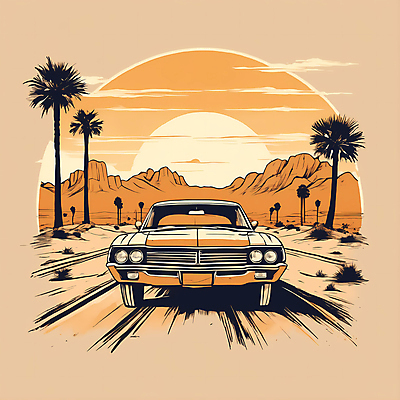 JPG 도로 교통수단 일러스트 자동차 산 사람없음 야자수 태양 사막 빈티지 디지털합성 빈티지배경 서부 국내일러스트 AI일러스트 AI콘텐츠 자연요소 나무 길 육상교통 백그라운드 교통 컨셉 교통시설 파일형식