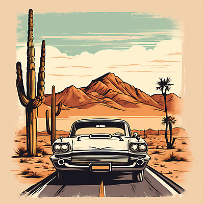 JPG 도로 교통수단 일러스트 자동차 산 선인장 사람없음 야자수 사막 빈티지 디지털합성 빈티지배경 서부 국내일러스트 AI일러스트 AI콘텐츠 나무 식물 길 육상교통 백그라운드 교통 컨셉 교통시설 파일형식