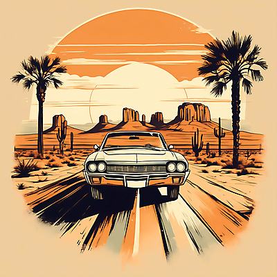 JPG 도로 교통수단 일러스트 자동차 산 사람없음 야자수 태양 사막 빈티지 디지털합성 빈티지배경 서부 국내일러스트 AI일러스트 AI콘텐츠 자연요소 나무 길 육상교통 백그라운드 교통 컨셉 교통시설 파일형식