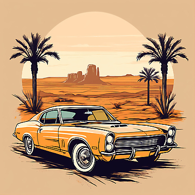 JPG 도로 교통수단 일러스트 자동차 산 사람없음 야자수 사막 빈티지 디지털합성 빈티지배경 서부 국내일러스트 AI일러스트 AI콘텐츠 나무 길 육상교통 백그라운드 교통 컨셉 교통시설 파일형식