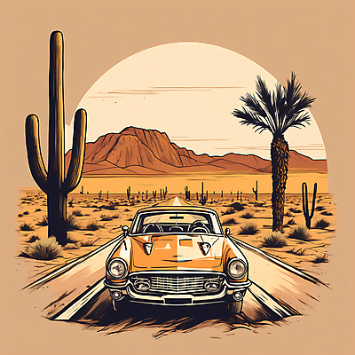 JPG 도로 교통수단 일러스트 자동차 산 선인장 사람없음 야자수 사막 빈티지 디지털합성 빈티지배경 서부 국내일러스트 AI일러스트 AI콘텐츠 나무 식물 길 육상교통 백그라운드 교통 컨셉 교통시설 파일형식