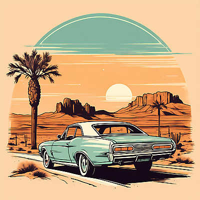JPG 도로 교통수단 일러스트 자동차 산 사람없음 야자수 태양 사막 빈티지 디지털합성 빈티지배경 서부 국내일러스트 AI일러스트 AI콘텐츠 자연요소 나무 길 육상교통 백그라운드 교통 컨셉 교통시설 파일형식